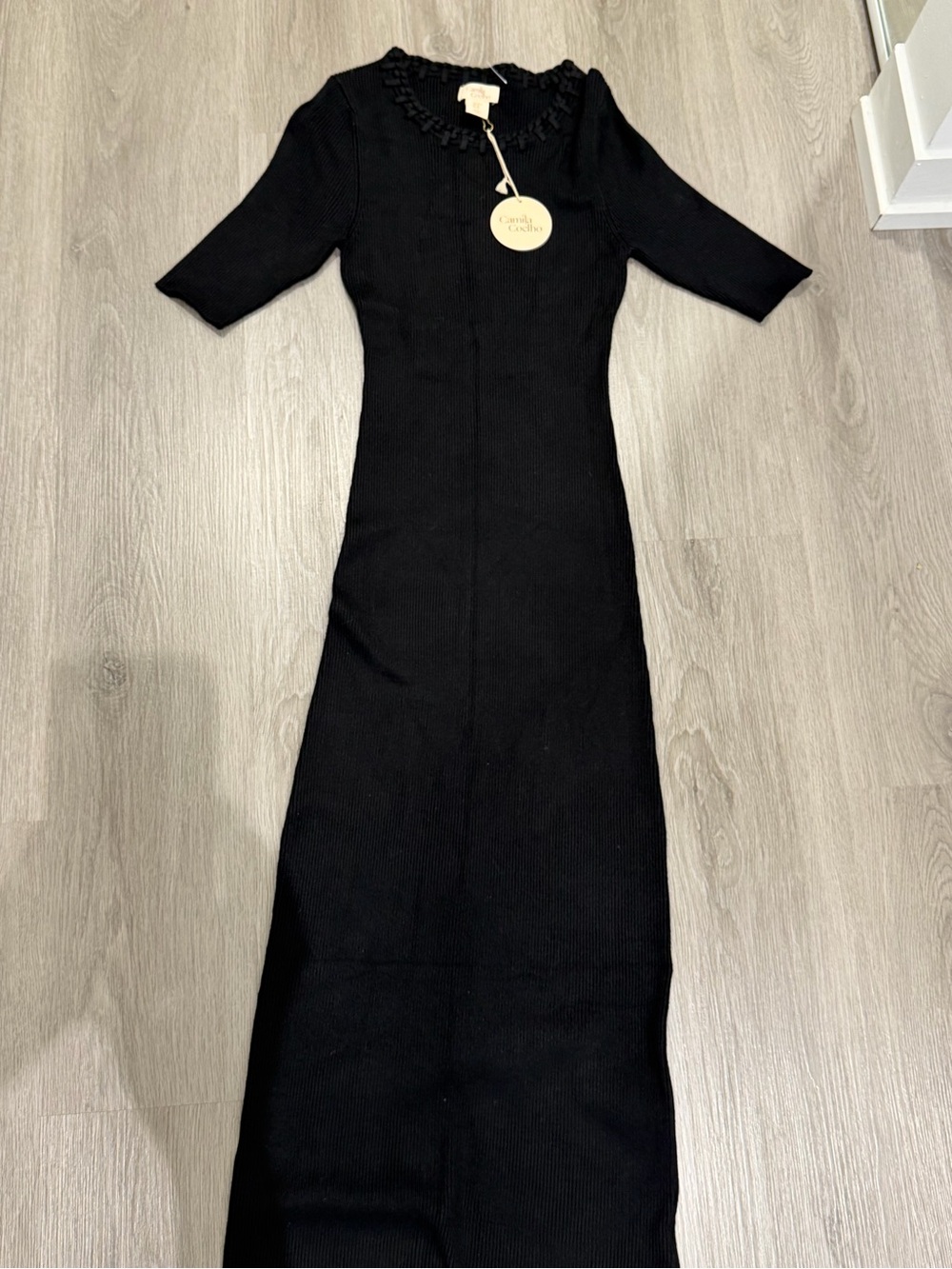 Camila Coelho Black Ribbed Knit Midi Dress – Size M – NWT